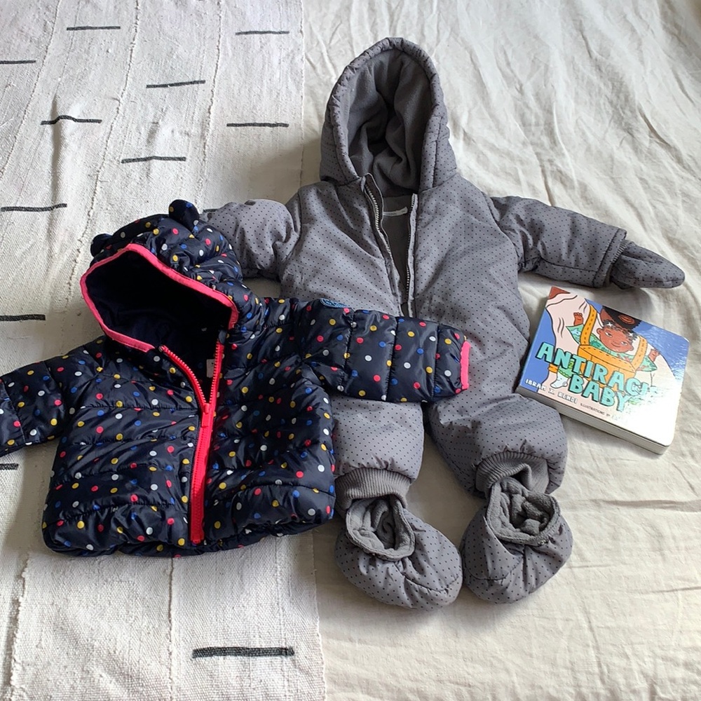 👶🏻 GAP & BOUTCHOU Puffers + book for babies Sz 3 to 6 months like NEW